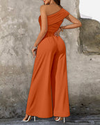 Cold Shoulder Ruched Buckle Wide Leg Jumpsuit