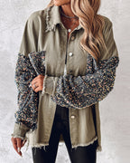 Casual Jacket Sequin Patchwork Long Sleeve Jacket Top Button Front Raw Hem Oversized Denim Shacket
