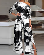 Tie Dye Print Skew Neck Wrapped Slit Wide Leg Jumpsuit
