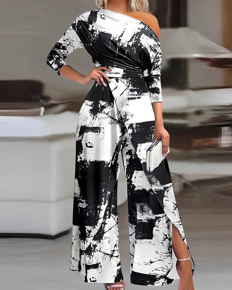 Tie Dye Print Skew Neck Wrapped Slit Wide Leg Jumpsuit