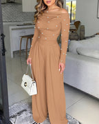 Pearls Decor Skew Neck Long Sleeve Cinched Waist Overalls Casual Ruched Zipper Back Wide Leg Jumpsuit