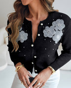 Floral Applique & Pearls Decor Round Neck Single Breasted Knit Cardigan Casual Crop Sweater Coat