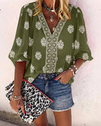 Vintage Baroque Placement Print V-Neck Lantern Sleeve Blouse Casual Long Sleeve Loose Fit Boho Top