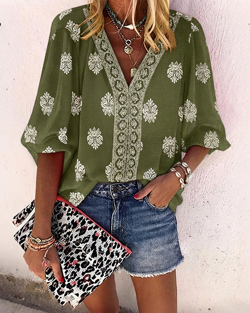 Vintage Baroque Placement Print V-Neck Lantern Sleeve Blouse Casual Long Sleeve Loose Fit Boho Top