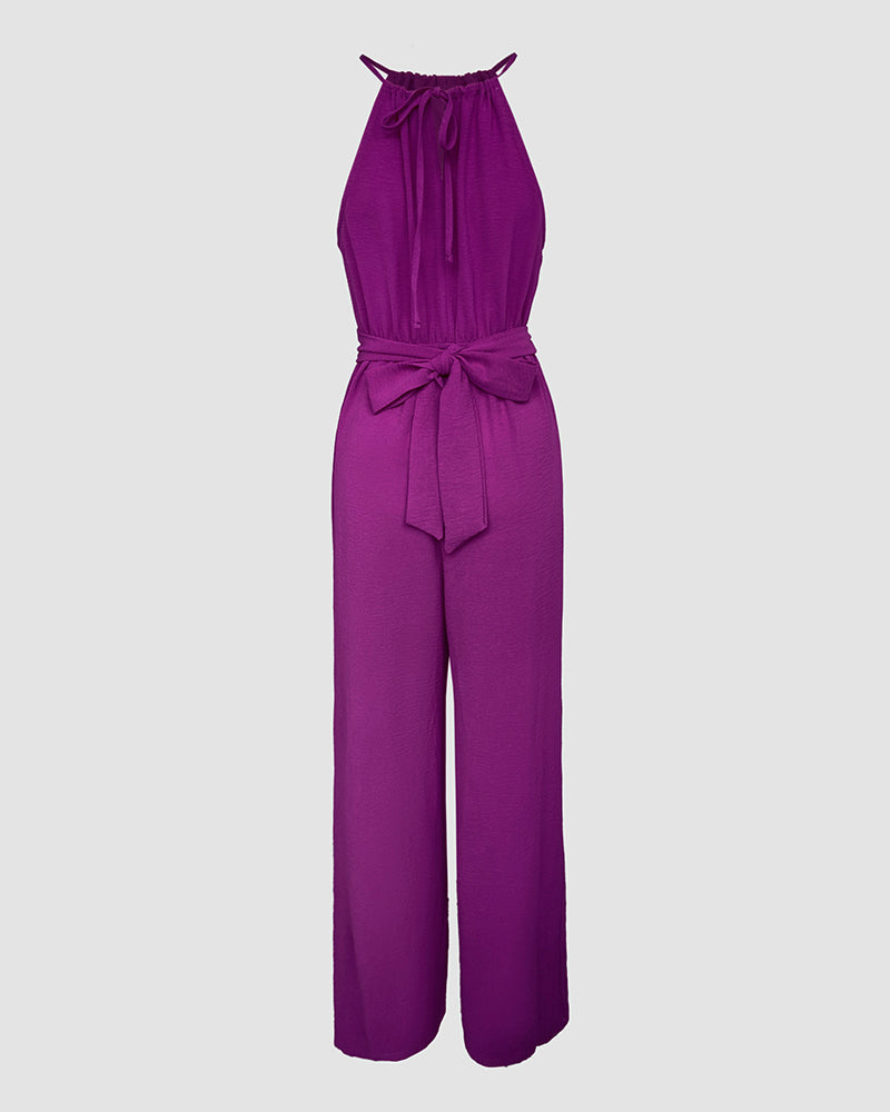 Halter Sleeveless Lace-up Jumpsuit Casual Waist Ruched Loose Fit Romper