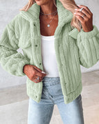 Textured Striped Turn-down Collar Button Front Elastic Cuff and Hem Teddy Fleece Jacket With Decorative Flap Pockets