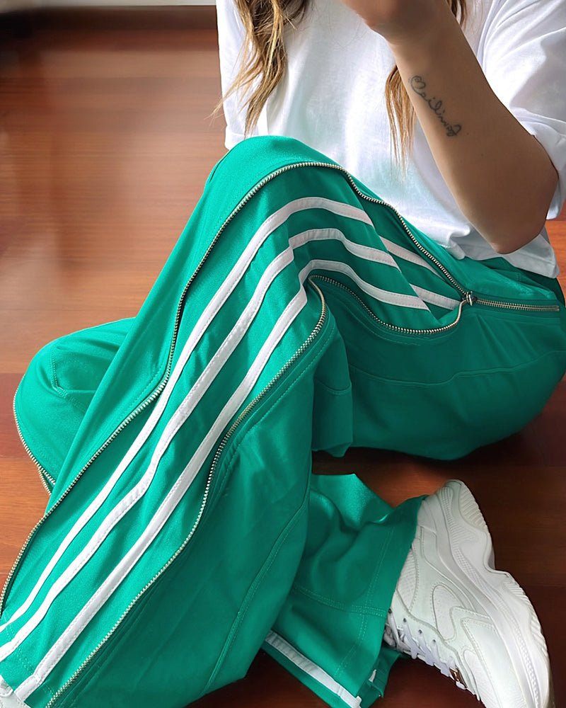 Contrast Side Striped & Zipper Slit Side Drawstring Elastic Waist Trousers Casual Wide Leg Pants