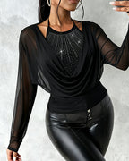 Rhinestone Decor Halter Tie Cowl Neck Long Sleeve Tee Casual Sheer Mesh Spliced Backless Top