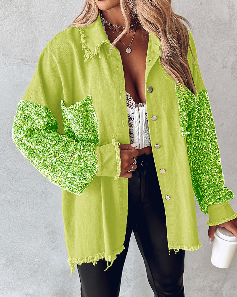 Casual Jacket Sequin Patchwork Long Sleeve Jacket Top Button Front Raw Hem Oversized Denim Shacket