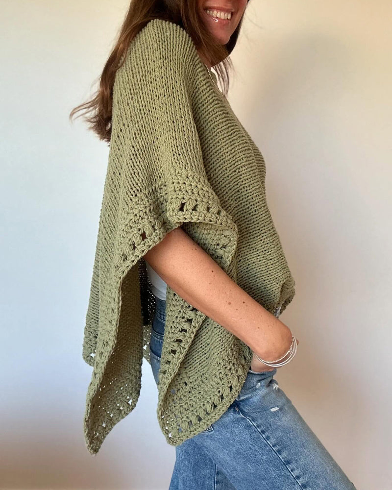 Solid Batwing Sleeve Hollow Out Crochet Pattern Top Casual Cover Up
