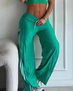 Contrast Side Striped & Zipper Slit Side Drawstring Elastic Waist Trousers Casual Wide Leg Pants