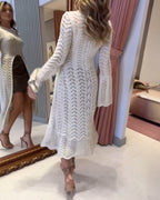 Round Neck Asymmetrical Hem Hollow Out Knitted Sweater Casual Scallop Trim Bell Sleeve Top