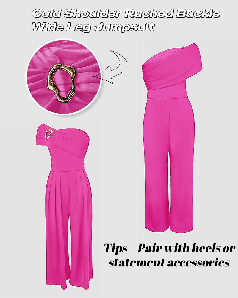 Cold Shoulder Ruched Buckle Wide Leg Jumpsuit