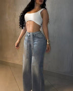Allover Rhinestone Decor High Waist Zipper Fly Jeans Casual Wide Leg Loose Fit Denim Pants with Rhinestone Decor Belt