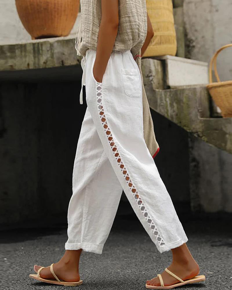 Hollow Out Lace Patch Pocket Design Casual Pants