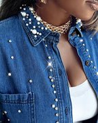 Pearls & Rhinestone Decor Turn-down Collar Button Front Denim Shirt Coat Casual Top