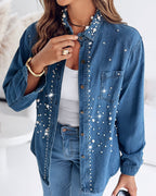 Pearls & Rhinestone Decor Turn-down Collar Button Front Denim Shirt Coat Casual Top