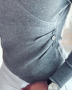 Overlap V-Neck Ruched Side Button Decor Knit Sweater Slim Fit Ribbed Pullover Top