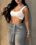 Allover Rhinestone Decor High Waist Zipper Fly Jeans Casual Wide Leg Loose Fit Denim Pants with Rhinestone Decor Belt