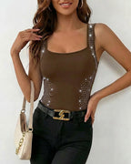 Rhinestone Decor Square Neck Thick Strap Backless Slim Fit Tank Top