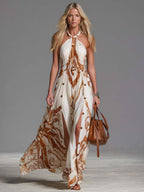 Vintage Bohemia Halter Neck Brown Western Print Off White Chiffon Split Maxi Dress