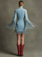 Western Retro Red Embroidered Blue Faux Suede Long-Sleeved Tassel Mini Dress