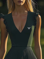 Elegant Sports V-Neck Pleated Hem Dark Green Stretch Mini Dress
