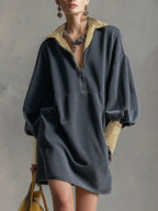 Casual Sporty Plaid Trim Gray Washed Cotton Sweatshirt Mini Dress
