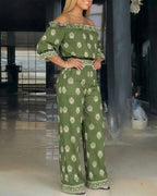 2 Pieces Outfit Stretchy Off Shoulder Half Sleeve Flared Cuffs Stretchy Hem Top and High Waist Elastic Back Waist Wide Leg Pants Set Casual Vintage Print Vacation Set