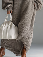 Elegant Urban Silhouette Round Neck Heathered Khaki Knitted Maxi Dress