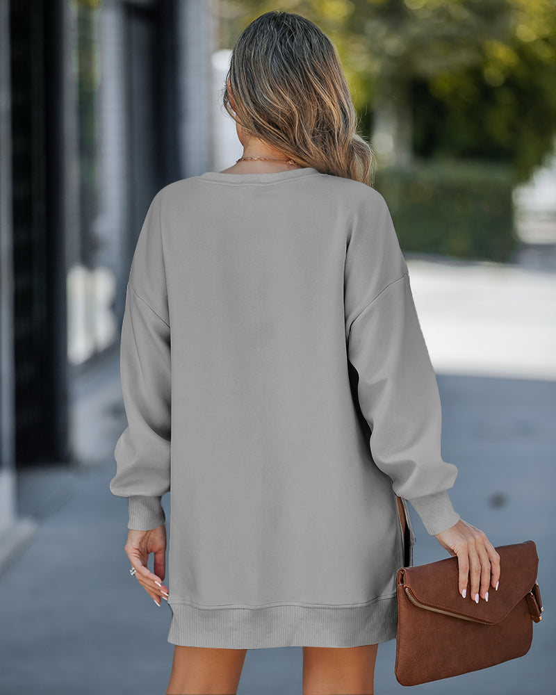 Letter Patch Detail Long Sleeve Drop Shoulder Pullover Sweatshirt Casual Zipper Side Slit Top