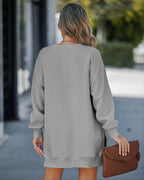 Letter Patch Detail Long Sleeve Drop Shoulder Pullover Sweatshirt Casual Zipper Side Slit Top
