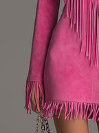 Western-style Retro Embroidered Tassel Pink Faux Suede Mini Dress