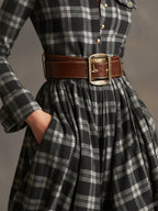 Retro Ethnic Style Lapel Reddish Brown Plaid Maxi Dress