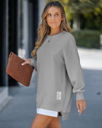 Letter Patch Detail Long Sleeve Drop Shoulder Pullover Sweatshirt Casual Zipper Side Slit Top