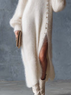 Comfortable Lazy Exquisite V-neck Metal Button White Imitation Rabbit Fur Knitted Side Slit Midi Dress