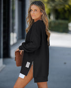 Letter Patch Detail Long Sleeve Drop Shoulder Pullover Sweatshirt Casual Zipper Side Slit Top