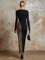 Elegant And Sparkling Sequined Black Stretch Cotton Party Maxi Dress