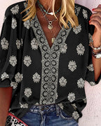 Vintage Baroque Placement Print V-Neck Lantern Sleeve Blouse Casual Long Sleeve Loose Fit Boho Top