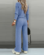 2 Pieces Outfit Button Decor V-Neck Long Sleeve Top and Elastic Waist Straight Leg Pants Set Casual Ribbed Set