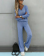 2 Pieces Outfit Button Decor V-Neck Long Sleeve Top and Elastic Waist Straight Leg Pants Set Casual Ribbed Set
