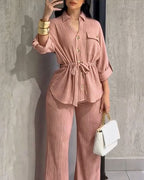 2 Pieces Outfit Vintage Turn-down Collar Roll Up Sleeve Button Front Flap Pocket Design Waist Drawstring Top and Elastic Waist Wide Leg Pants Set Casual Textured Commuting Set