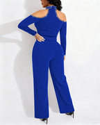Rhinestone Decor Halter Cold Shoulder Long Sleeve Overalls Hollow-out Front Zipper Back Jumpsuit with Belt
