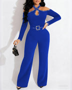 Rhinestone Decor Halter Cold Shoulder Long Sleeve Overalls Hollow-out Front Zipper Back Jumpsuit with Belt