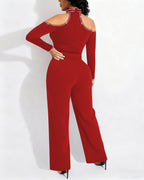 Rhinestone Decor Halter Cold Shoulder Long Sleeve Overalls Hollow-out Front Zipper Back Jumpsuit with Belt