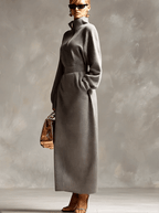 Exquisite Casual Lapel Front Zipper Long Sleeve Light Gray Waffle Fabric Maxi Dress