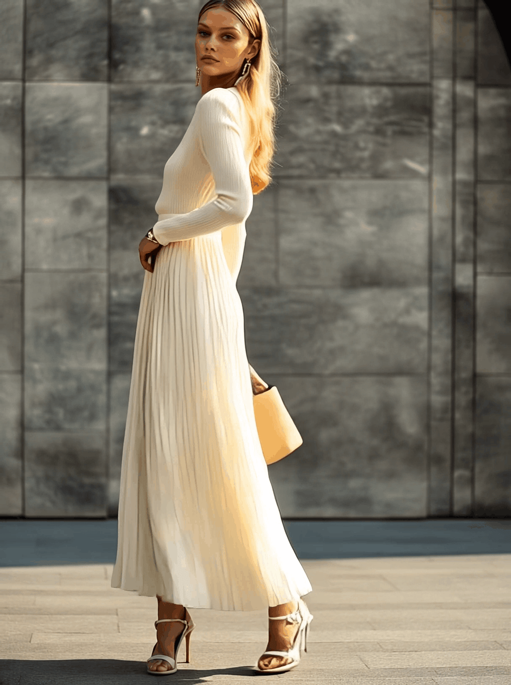 Elegant Casual And Comfortable Long-sleeved Cream Knitted Satin Elegant Casual And Comfortable Long-sleeved Cream Knitted Satin