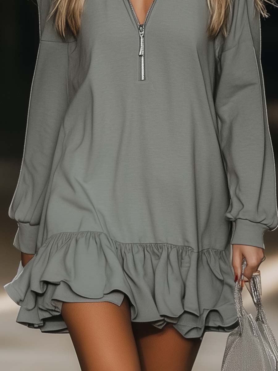 Casual Loose Fashion Zipper V-neck Long Sleeve Lotus Leaf Hem Gray Mini Dress