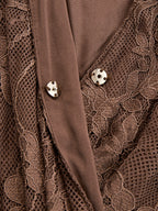 Elegant Brown Lace Front Slit Long Sleeve Maxi Dress