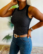 Rhinestone Decor O-neck Sleeveless Tee Slim Fit Ribbed Tank Top